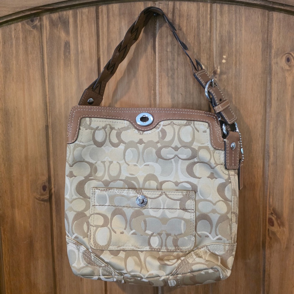 Coach Shoulder Bag Women Medium Tan Khaki‎ Excellent Signature Jacquard 10990